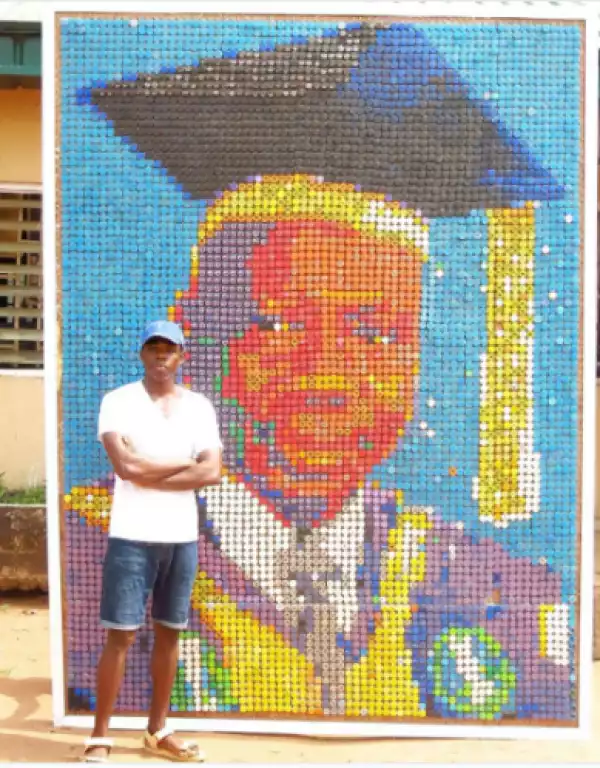 UNIBEN student creates a portrait ofhis Vice Chancellor with 6000+ bottle covers